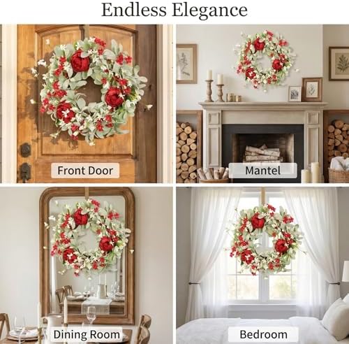 20 Inch Red Peony Wreath for Front Door, Romantic Lambs Ear Greenery with White Flowers, Elegant Wedding Decor, Spring Summer Artificial Floral Wall Accent - Image 3