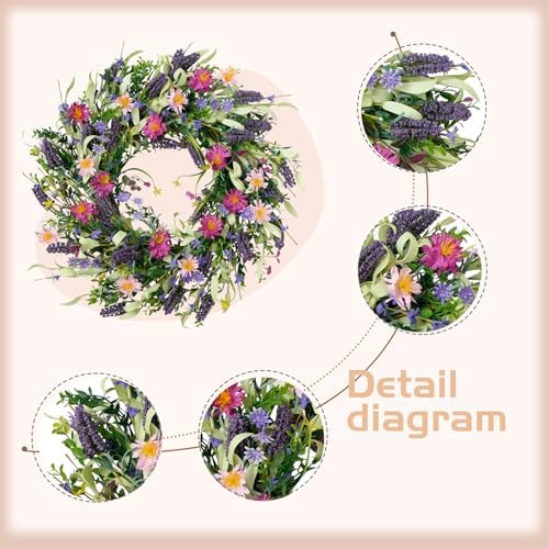22 Inch Spring Summer Flower Wreaths for Front Door, Artificial Colorful Floral Door Wreaths with Lavender Daisies Green Leaves Farmhouse for Inside Outside Home Window Weeding Decor - Image 2