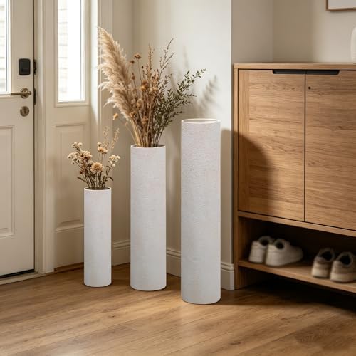 Distressed Off-White Tall Floor Vase - Set of 3 Pottery Look Metal Vases - Image 2