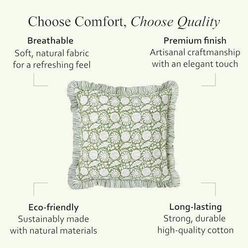 CPC Olive Bloom Hand Block Print 100% Cotton Ruffle Throw Pillow Cover 24x24 inch with Hidden Zipper Decorative for Couch, Bed, Sofa, Farmhouse, Cottagecore Decor Gift Christmas Fall Thanksgiving - Image 7