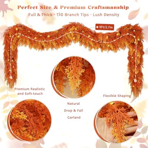 9ft Thanksgiving Fall Cedar Garland with Lights for Mantle Holiday Decor - Image 4
