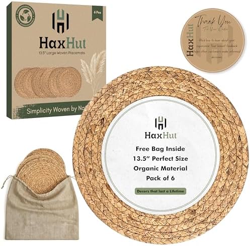 13.5” Woven Placemats, Round Rattan Placemats Set of 6, Natural Wicker Chargers for Dinner Plates, Heat Resistant, Easy to Clean, and Non-Slip – Elegant and Practical Addition to Your Dining Table by HaxHut