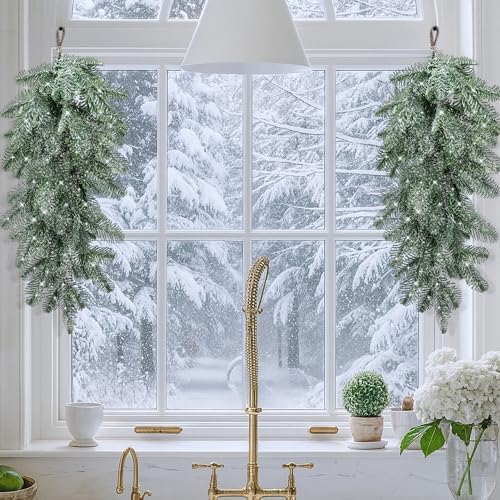 4 Pcs Norfolk Pine Snow Teardrop Swag, Faux Chirstmas Teardrop Door Swag - Image 6