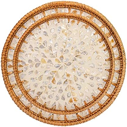 Frcctre 2 Pack Round Rattan Tray with Mother of Pearl Inlay, Rattan Serving Tray with Wooden Base, Decorative Wicker Basket for Bread Fruit Food Coffee Breakfast, Storage and Display, 2 Sizes - Image 5