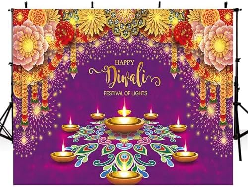10x8ft Diwali Backdrop Fabric Purple Happy Diwali Festival of Lights Photography Background Extra Large Banner Room Decor - Image 2