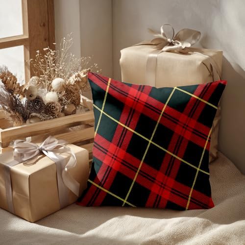 Batmerry Red Abstract Black Celtic Plaid Throw Pillow Covers, Retro Green Scottish Plaid Tartan Decorative Pillow Covers Digital Printing Blended for Couch Bed Invisible Zipper 26X26 in(Set of 2) - Image 2