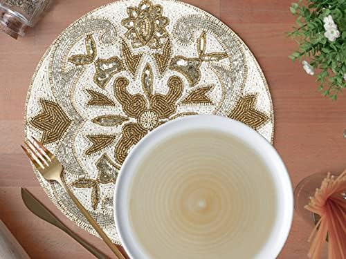 Beaded Charger Placemats Set of 2, 13" –Silver Gold Ivory - Image 4
