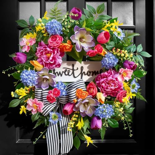 Pinkpuii Spring Wreaths for Front Door Outside– 24 Inch Spring Door Wreath with Pink Peonies, Roses,Blue Hydrangeas&Yellow Tulips,Colorful Welcome Summer Wreaths for Front Door Porch & Entryway Decor by Pinkpuii