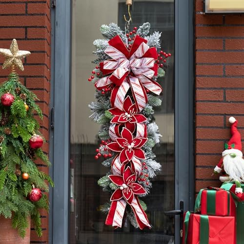Soomeir 36 Inch Pre-Lit Christmas Teardrop Swag, Winter Holiday Swags Wreaths with Red Velvet Glitter Stripe Ribbon, Artificial Red Berries for Front Door, Wall Window Fireplace Artificial Decor by SoomeirWreath