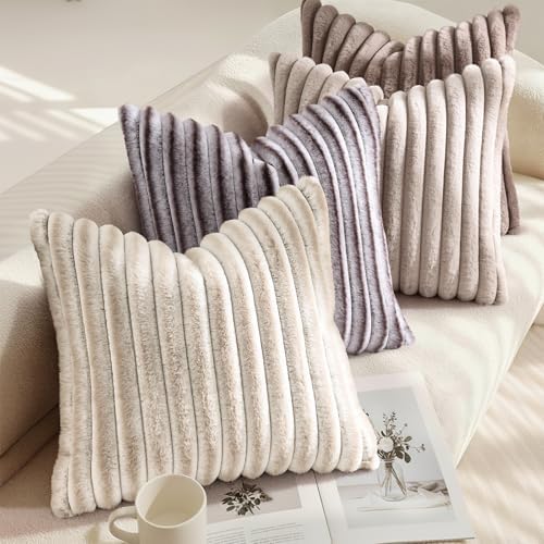 decorUhome Fall Faux Fur Throw Pillow Covers 24x24 Set of 2 Brown White - Image 4