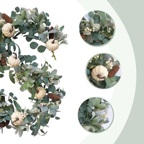 70 Inch Fall White Pumpkin Green Leaves Garland for Front Door, Fall Green Leaves Garland with Berries Pinecone Pumpkin for Indoor Outdoor, Fall Home Decor - Image 2