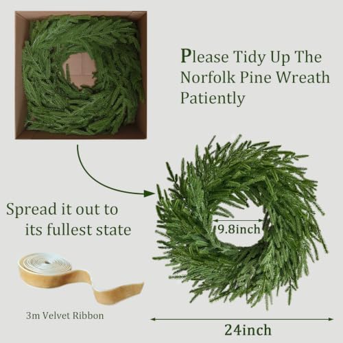 24 Inch Real Touch 2 Pcs Norfolk Pine Wreath Christmas Decorations for Front Door, Artificial Plants Green Christmas Wreath Home Decor, Xmas Decor for Mantel Wall Holiday Winter Decor - Image 2
