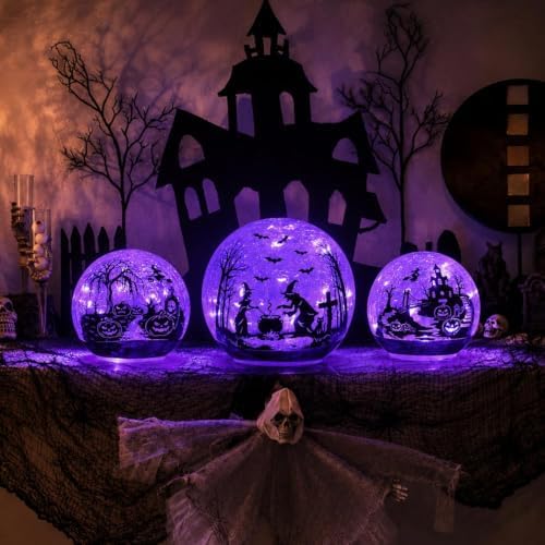 NEEDOMO Halloween Decorations Indoor, 3 Pack Witch Crackle Glass Globe Purple LED Lights with Timer, Halloween Table Decor for Mantel, Fireplace, Party, Home - Image 2