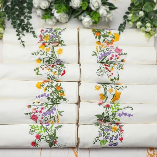 Tioncy 18 Pcs 12 Pack 18" Wildflower Embroidered Cloth Napkins, White - Image 2