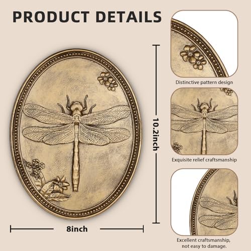 Vintage Dragonfly Wall Sculpture, Antique Wall Decor, Gold Wall Art, Hanging Decoration with Embossed Dragonfly Design, Vintage Decoration for Living Room Bedroom and Hallway, Housewarming Gift - Image 3