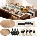 4 Sets Boho Table Runner and Woven Round Placemats Set, Black, 12x72 by Gandeer