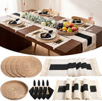 4 Sets Boho Table Runner and Woven Round Placemats Set, Black, 12x72 by Gandeer