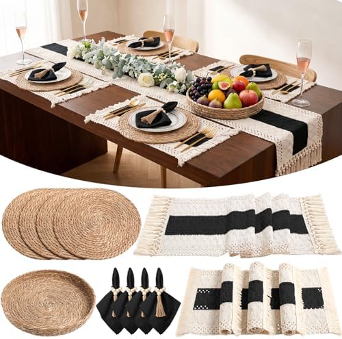 4 Sets Boho Table Runner and Woven Round Placemats Set, Black, 12x72 by Gandeer