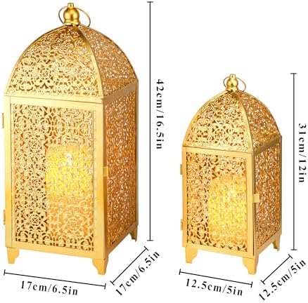 TRIROCKS Set of 2 Decorative Candle Lanterns 12/16.5'' H Candle Holder Gold - Image 2