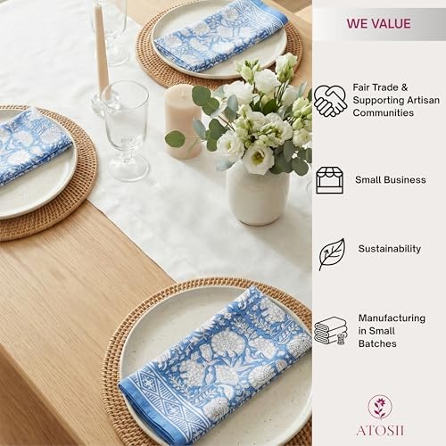 ATOSII Azora Blue 100% Cotton Fall Cloth Designer Dinner Napkins, Handblock Print, Washable Durable Linen for Everyday Use Wedding Parties Outdoors Christmas Thanksgiving I 20 X 20 Inches I Set of 4 - Image 5