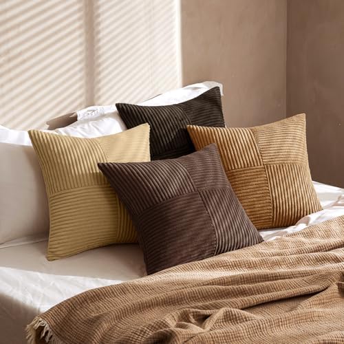 MIULEE Boho Decorative Throw Pillow Covers 20x20 Set of 4 Farmhouse Neutral Cushion Cases Gradient Corduroy Pillow Cases Modern Soft Corduroy Patchwork Home Decor for Couch Sofa Bedroom Camel Brown - Image 4