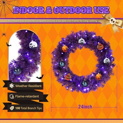 VINGLI 24" Purple Christmas Wreath with Battery LED Lights, Colorful Decor - Image 6