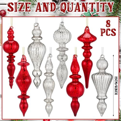 Mifoci 8 Pcs 6 Inch Mercury Glass Finial Christmas Ornaments,Red, Silver - Image 3