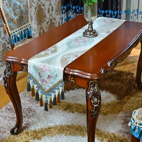 Luxury Velvet Blue Table Runner 120 Inches Long with Vintage Damask Jacquard Design for Dining Room,Living Room,Home Decor,Elegant Beaded Tapestry,Lining (X-Blue, 13×120 inch) by NYSMXF
