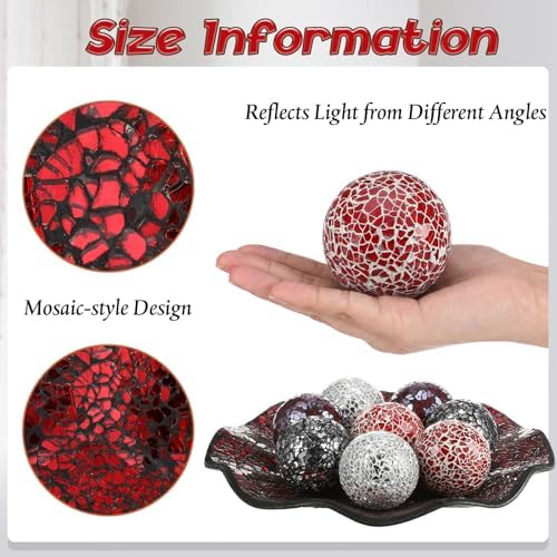 Suclain Centerpiece Bowl and Decorative Balls Set 8 Pcs Table Mosaic Plate with 2.4 Inch Glass Mosaic Orbs Glass Turquoise Tray and Spheres for Centerpiece Table Home Vases Decor (Red and Black) - Image 3