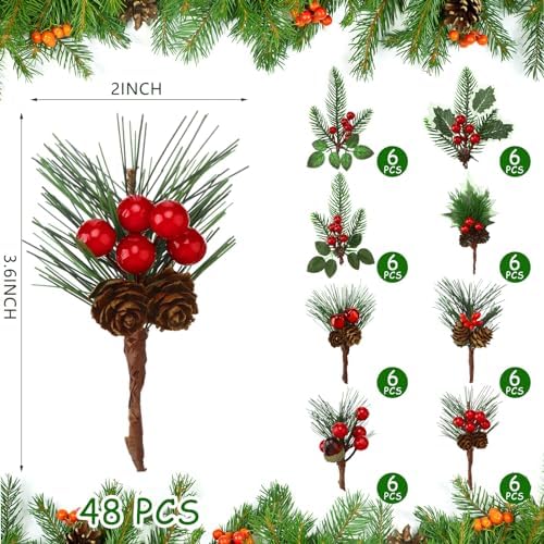 48 Pcs Christmas Floral Picks and Sprays Cone Berry Stems for Craft, Vivid - Image 2