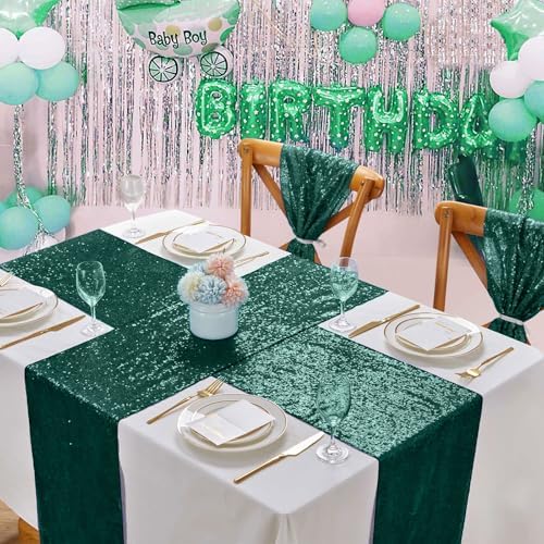 Sequin Table Runners 10 Pieces Emerald Green Table Runners 12x108 Inch Glitter Dining Table Cover for Party Wedding Birthday Reception Banquet Decoration Spring Party Chair Sashes - Image 4