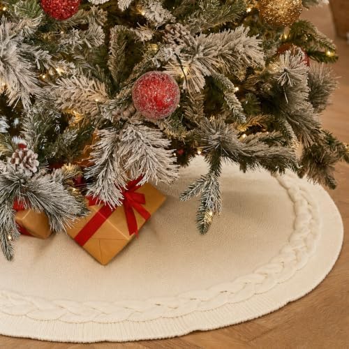 36 Inch White Knitted Christmas Tree Skirt Small Thick Cable Knit Round Cream for 4ft 5ft Tree Rustic Farmhouse Neutral Christmas Decor Tree Base Cover Xmas Home Decor (White-01) - Image 3