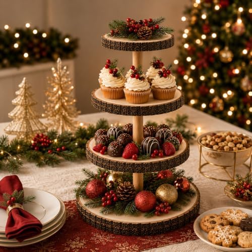 Upper Midland Products Wood Cupcake Stand, 4-Tier Rustic Wooden Dessert Tower with Natural Bark-Edges for Cupcakes, Treats, Weddings, Parties and Table Décor - Image 5