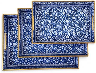 Decorative 3pcs Tray Set with Gold Handles, Elegant Luxury Style, for Living Room, Kitchen and Vanity. (Mosaic Blue Design) by Unknown