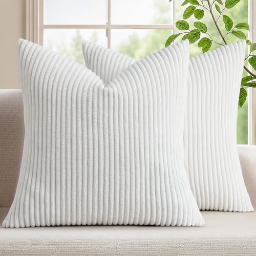 Mecatny Corduroy Decorative Throw Pillow Covers 22x22 Set of 2 White by Mecatny