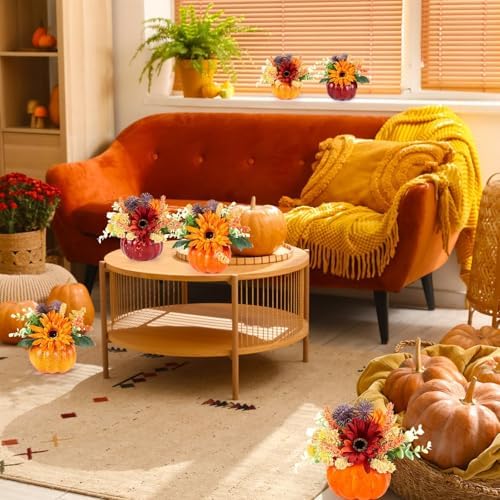 Set of 6 Mini Fall Pumpkin with Artificial Flower Decorations Thanksgiving Sunflower Centerpieces for Tables Harvest Fall Table Floral Decor Autumn Fireplace Mantle Living Room Home Kitchen Party - Image 6