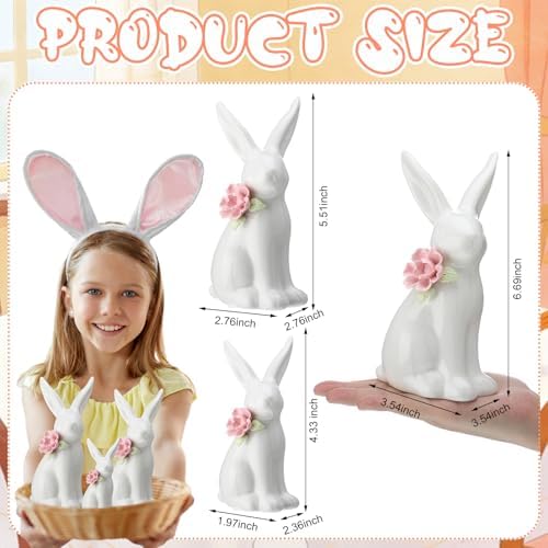 FoldTier 3 Pcs Easter Ceramic Bunny Tabletop Figurine Decor Rabbit with Flower Sculpture Table Centerpiece Decoration Tabletop Decorative for Spring Easter Home Indoor Decor Holiday Party Supplies - Image 4