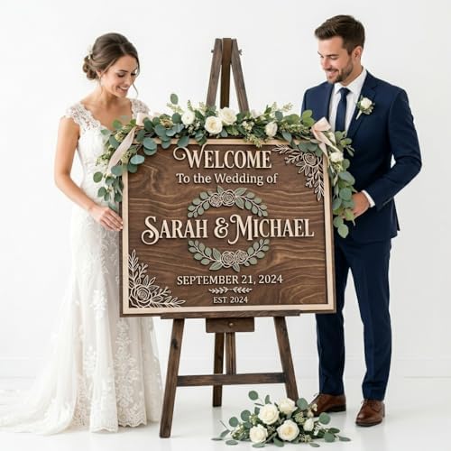 Personalized Rustic Wreath Wedding Welcome Sign - Custom 3D Wood Floral Ceremony Entrance & Reception Board for Farmhouse, Barn or Garden Venue - Multiple Sizes - Image 5