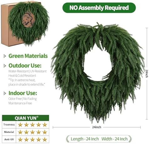 24" Norfolk Pine Christmas Wreath for Front Door – Large Artificial Greenery Wreath for Wall, Porch, or Indoor Outdoor Holiday Decor – Real Touch Pine Foliage (1, 24") - Image 6