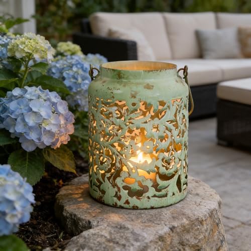 Vintage Metal Candle Lanterns with Handle Rustic Distressed Light Green Decorative Candle Holder with Floral Cut-Out Design for Home, Garden, Patio, Porch, Parties, Weddings Decor - Image 5