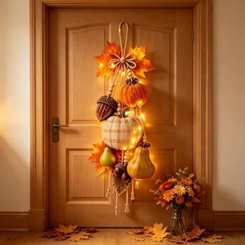 Rustic Harvest Wooden Door Hanger, Pumpkin Maple Fall Bowknot Wall Hanging Sign with Light Autumn Wreath Decorations, Wreath Farmhouse Porch Front Door Home Gift (Orange#3) by Unknown
