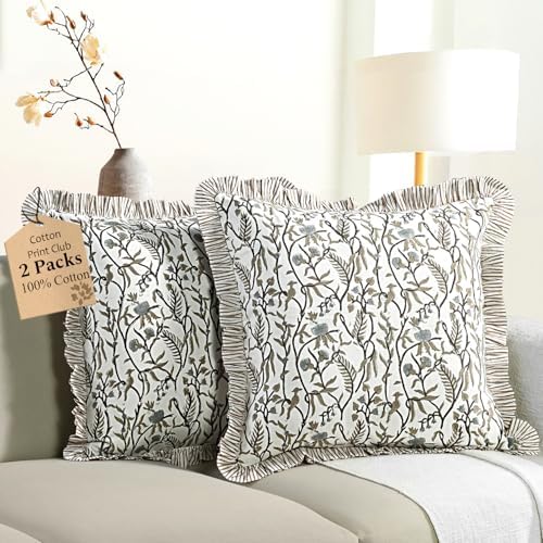 CPC Cocoa Vine Hand Block Print 100% Cotton Ruffle Throw Pillow Cover 24x24 inch with Hidden Zipper Decorative for Couch, Bed, Sofa, Farmhouse, Cottagecore Decor Gift Christmas Fall Thanksgiving by COTTONPRINTCLUB
