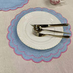 Linen Cotton Placemats Set of 4 Scalloped Flower Embroidery Place Mats 15'' Natural Linen Texture Fabric Machine Washable Table Mats for Restaurant Kitchen,Table Decor(Blue) - Image 3