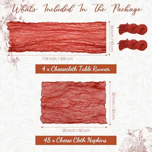 4 Cheesecloth Table Runners and 48 Napkins Set, 10Ft Boho Cheese Cloth Table Runners 20 x 20 Inch Rustic Wrinkled Gauze Napkins for Wedding Birthday Baby Shower Party Decor (Terracotta) - Image 2