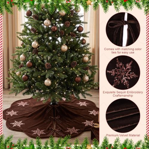 Hollowfly Brown Velvet Christmas Tree Skirt with Sequin Snowflake 48'' - Image 3
