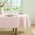 Pink Gingham Oval Tablecloth, Cotton Linen Texture, 52"x70" - Image 2