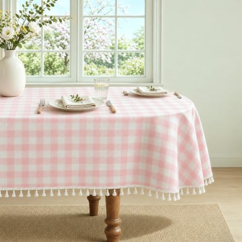Pink Gingham Oval Tablecloth, Cotton Linen Texture, 52"x70" - Image 2