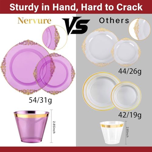 Nervure 175Pcs Purple Plastic Plates, Plastic Dinnerware Set for 25 Guests - Image 3
