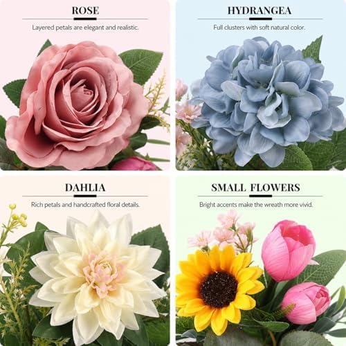 Summer Wreaths for Front Door, 24 Inch Artificial Spring and Summer Wreath with Peonies, Early Summer Chrysanthemums, Hydrangeas, Roses, Sunflowers, and Tulips, Decor for Indoor Outdoor - Image 4