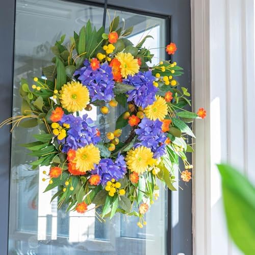 Spring Summer Wreaths for Front Door, Soomeir 24 Inch Door Wreath with Blue Hydrangea, Daisy and Poppies, for All Seasons Outside Indoor Outdoor Home Farmhouse Wedding - Image 3